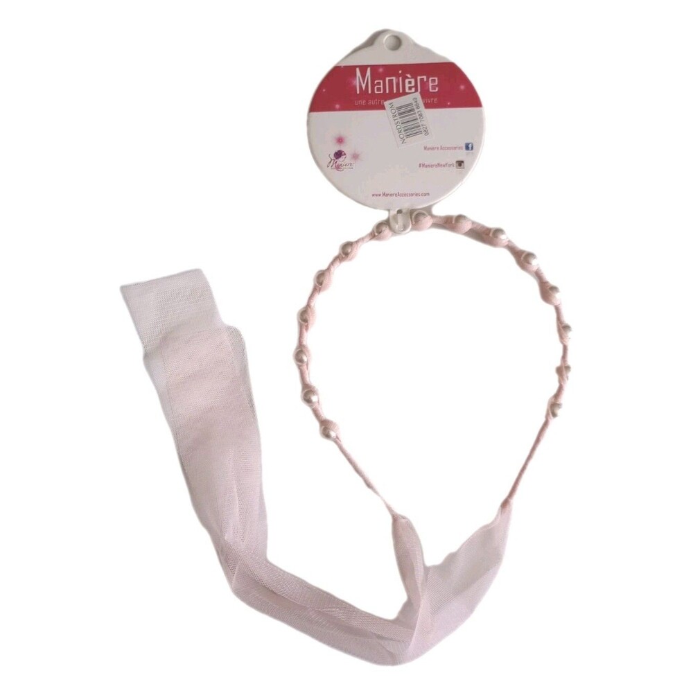 NWT Pink Sheer Ribbon & White Pearl Thin Hard Headband w/Extra Fabric Ends